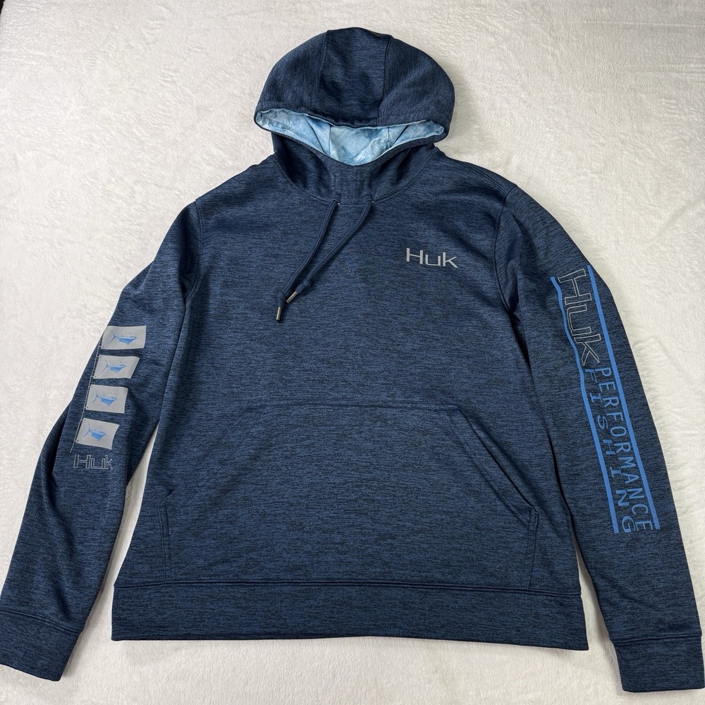 Huk Hoodie Mens Medium Navy Blue Marlin Performance Fishing Pullover Sweatshirt
